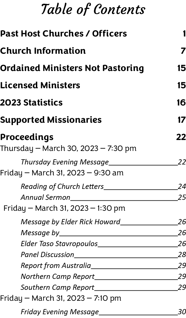 Table of Contents Past Host Churches / Officers 1 Church Information 7 Ordained Ministers Not Pastoring 15 Licensed M...