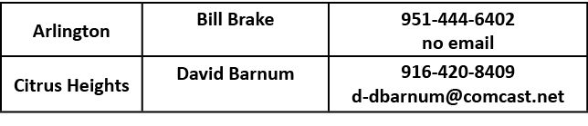 Arlington,Bill Brake ,951 444 6402 no email,Citrus Heights,David Barnum ,916 420 8409 d dbarnum@comcast.net