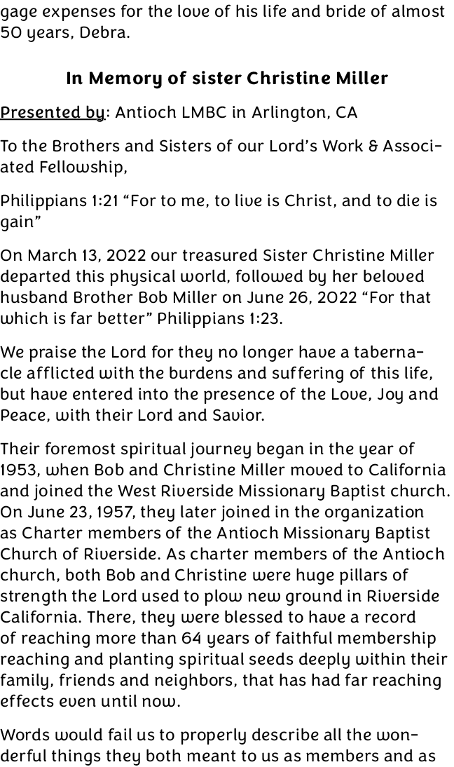 gage expenses for the love of his life and bride of almost 50 years, Debra. In Memory of sister Christine Miller Pres...