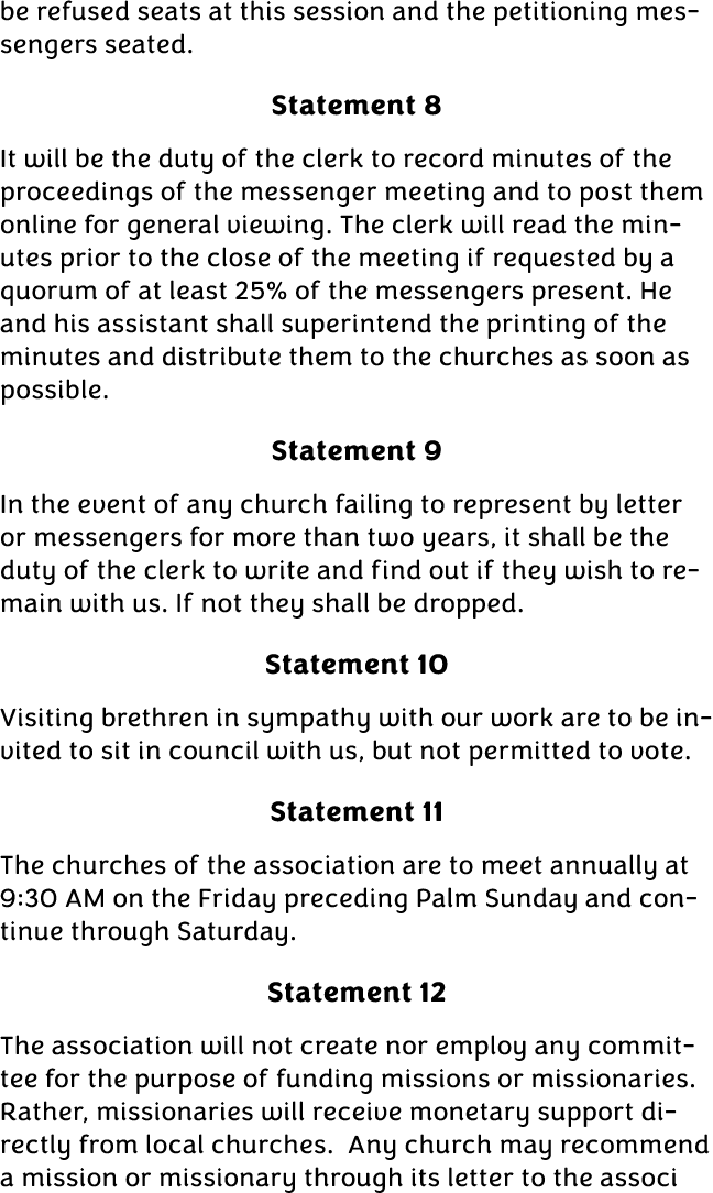 be refused seats at this session and the petitioning messengers seated. Statement 8 It will be the duty of the clerk ...