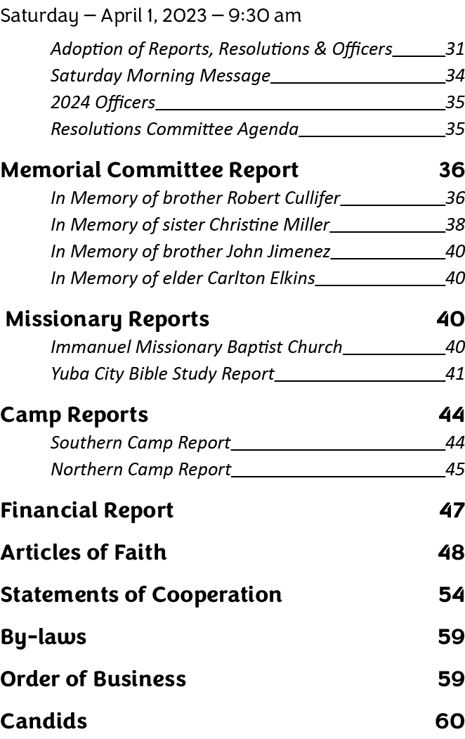 Saturday — April 1, 2023 — 9:30 am Adoption of Reports, Resolutions & Officers 31 Saturday Morning Message 34 2024 Of...