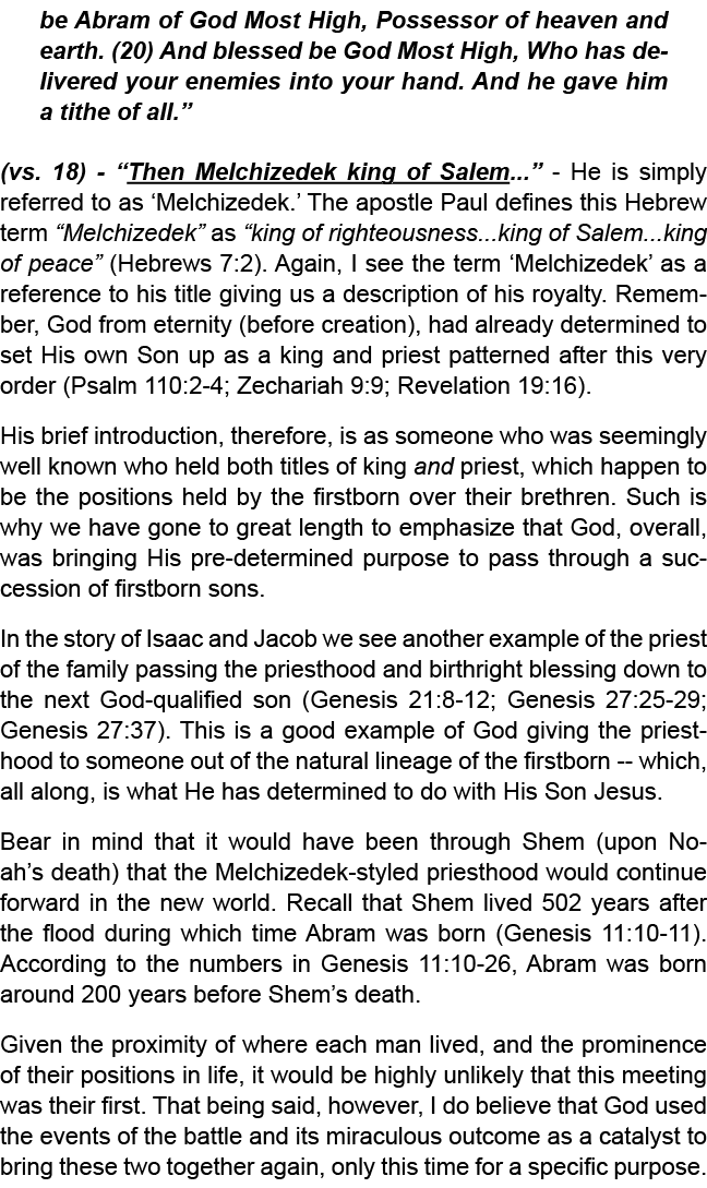 be Abram of God Most High, Possessor of heaven and earth. (20) And blessed be God Most High, Who has delivered your e...