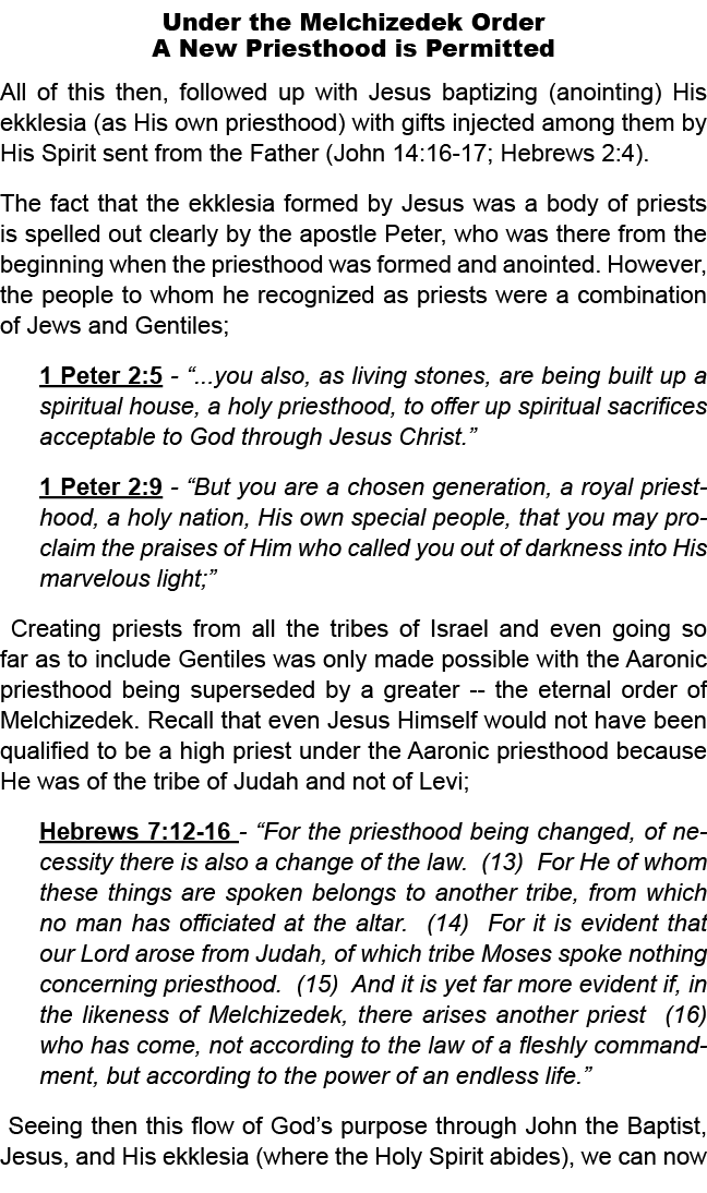 Under the Melchizedek Order A New Priesthood is Permitted All of this then, followed up with Jesus baptizing (anointi...