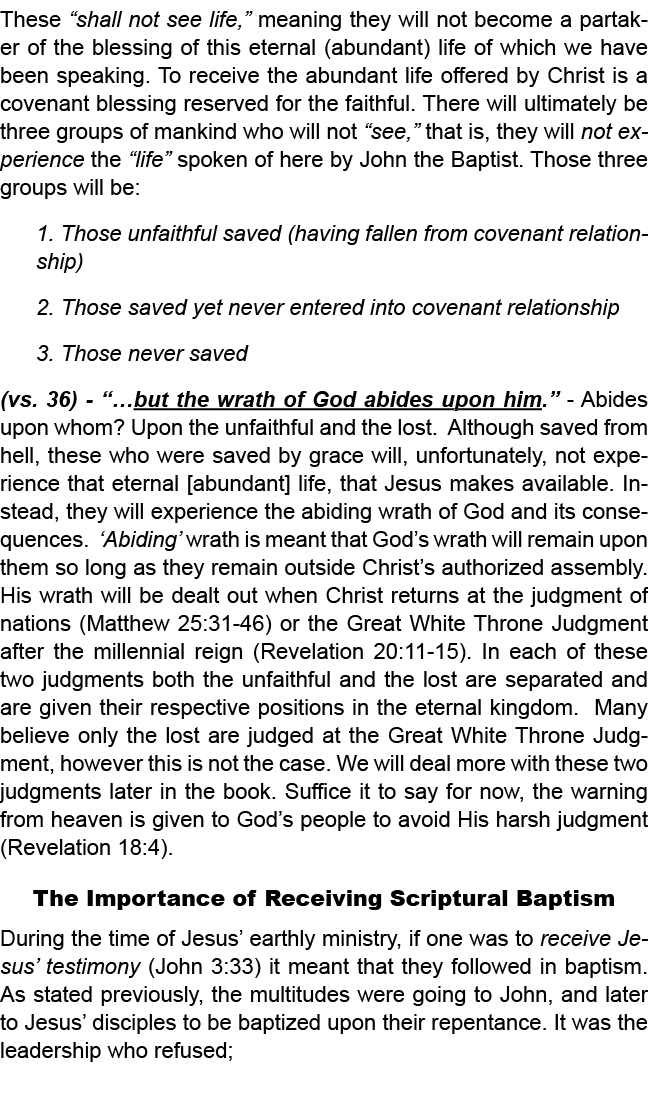 These “shall not see life,” meaning they will not become a partaker of the blessing of this eternal (abundant) life o...