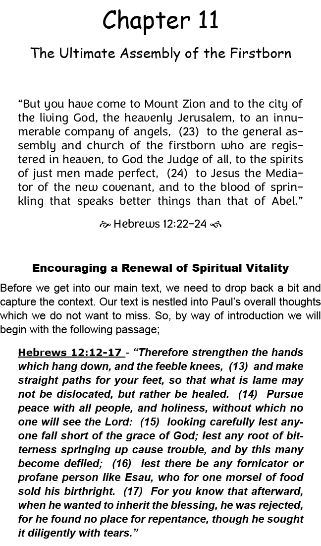 Chapter 11 The Ultimate Assembly of the Firstborn “But you have come to Mount Zion and to the city of the living God,...