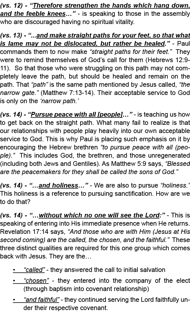 (vs. 12) “Therefore strengthen the hands which hang down, and the feeble knees…” is speaking to those in the assembly...