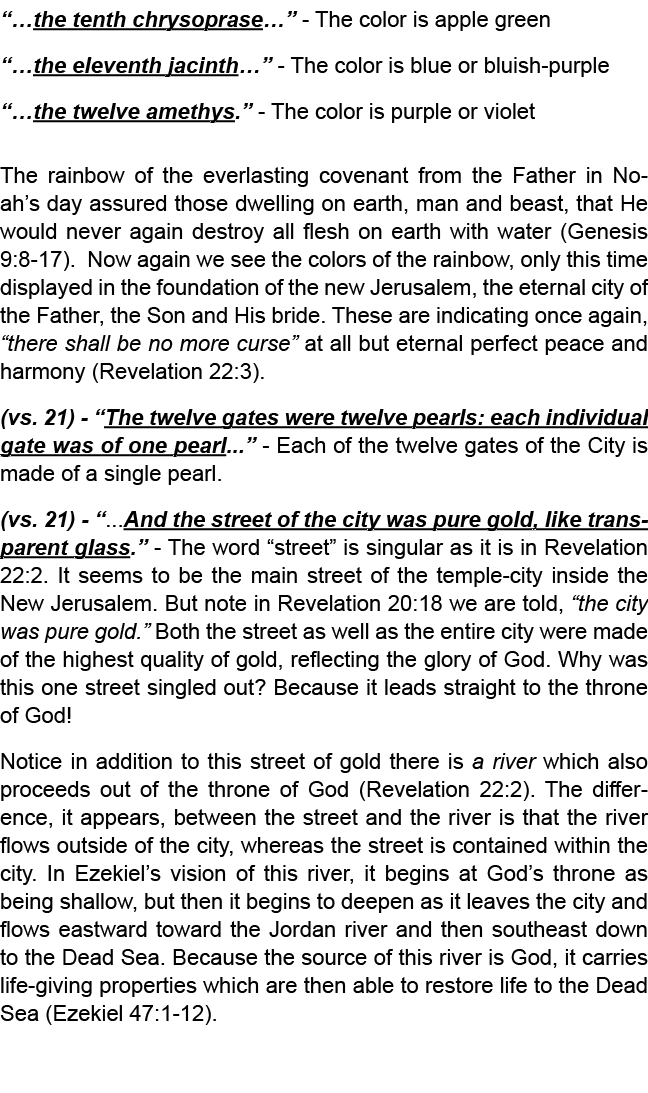 “…the tenth chrysoprase…” The color is apple green “…the eleventh jacinth…” The color is blue or bluish purple “…the ...