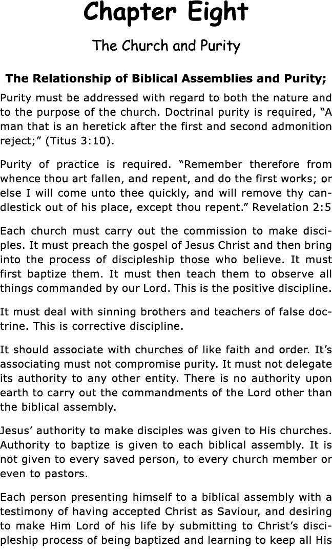 Chapter Eight The Church and Purity The Relationship of Biblical Assemblies and Purity; Purity must be addressed with   